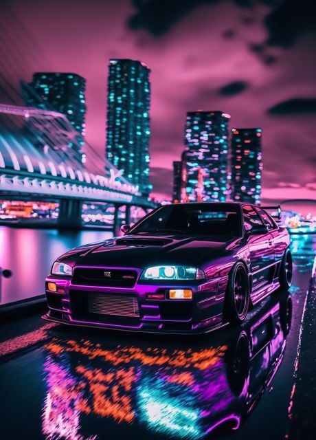 'R34 Neon Night Tokyo Drift' Poster by Pixaverse | Displate