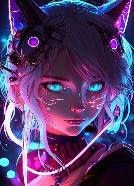 'cat Girl Blue Neon Anime ' Poster By Hassen Bouchemma 