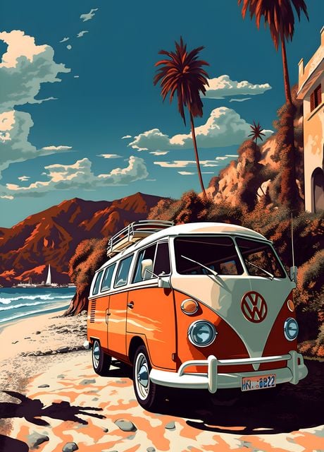 'Retro VW Bus Beach Travel' Poster by Pixaverse | Displate