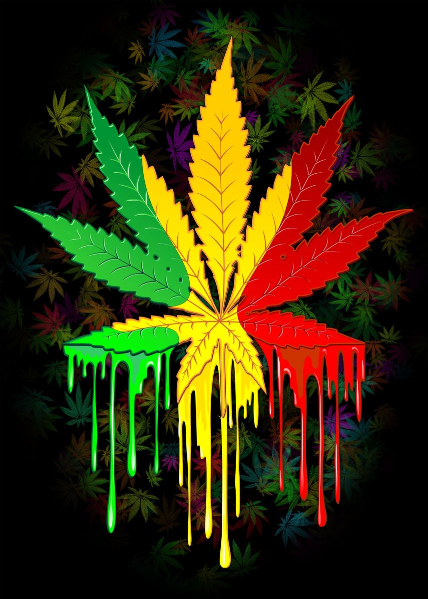'Marijuana Leaf Rasta Colors Dripping Paint' Poster by Bluedarkat Lem | Displate