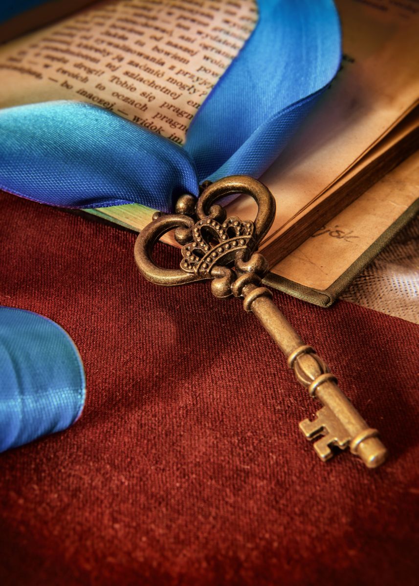 'Still life with an ornamented key, blue ribbon and open ... ' Poster ...