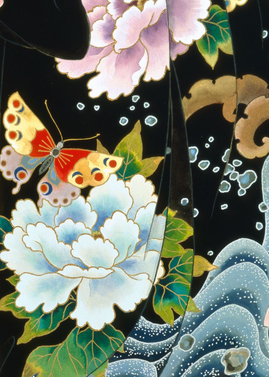 Butterfly and Japanese flowers