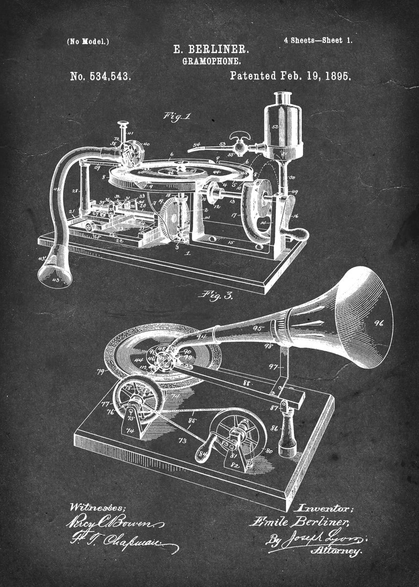 'Gramophone - Patent #534,543 by E. Berliner - 1895' Poster, picture ...