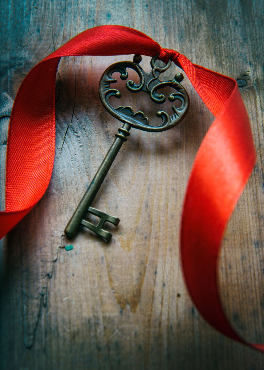 'nice Ornamented Key With Red Ribbon On Wooden Table' Poster, Picture 