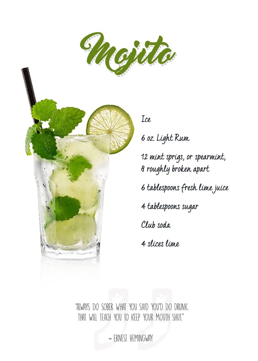 'Cocktail - Mojito with the ingredient list and a quote. ... ' Poster by Swav Cembrzynski | Displate