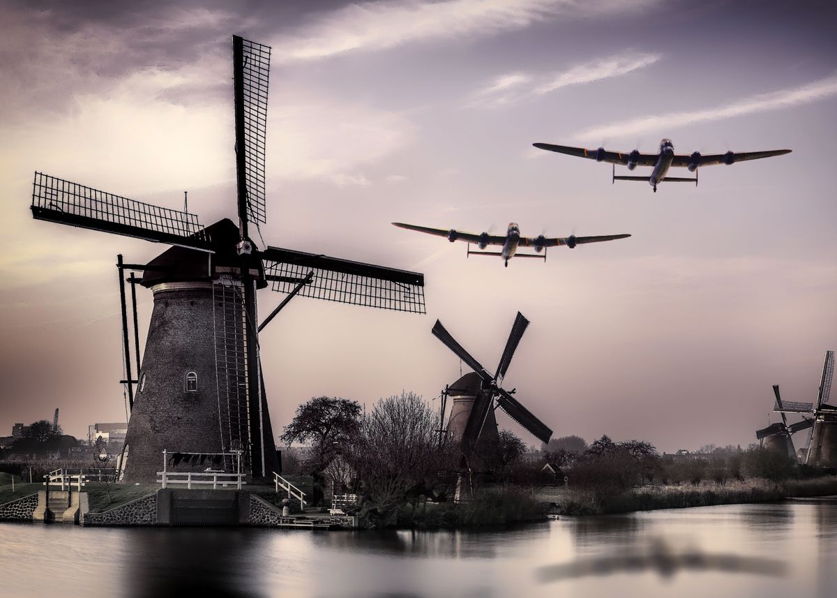 'lancaster bombers over the dutch mills' Poster by Airpower Art | Displate