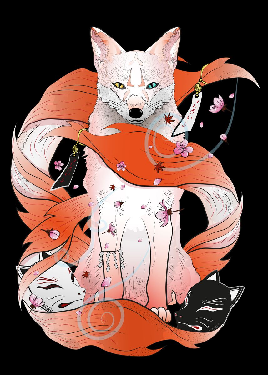 White Kitsune fox against black background