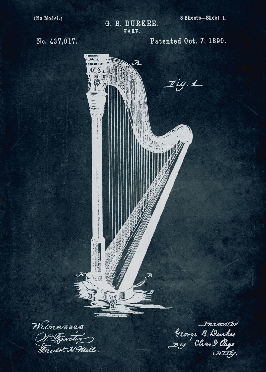 'No013 1890 Harp Inventor B. Durkee' Poster by Xavier