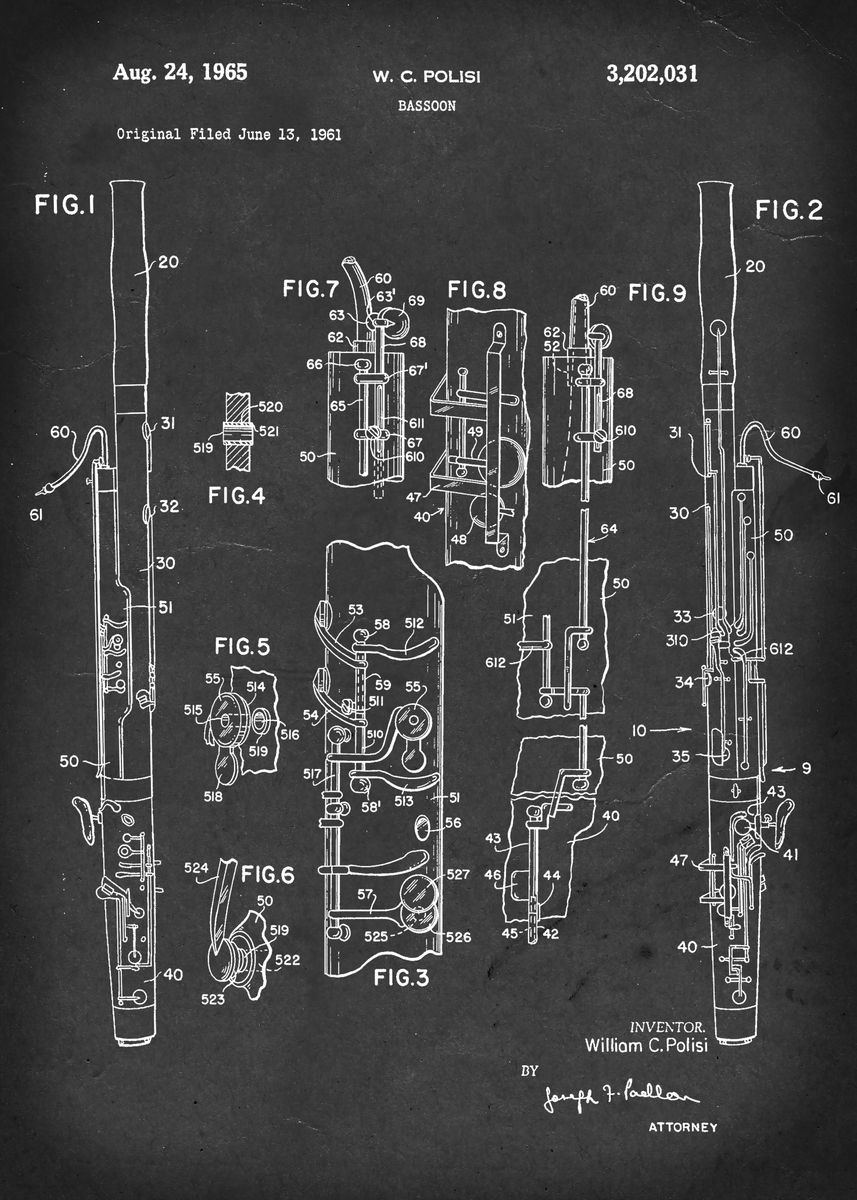 'Bassoon Patent 3,202,031 by W. C. Polisi 1965' Poster, picture