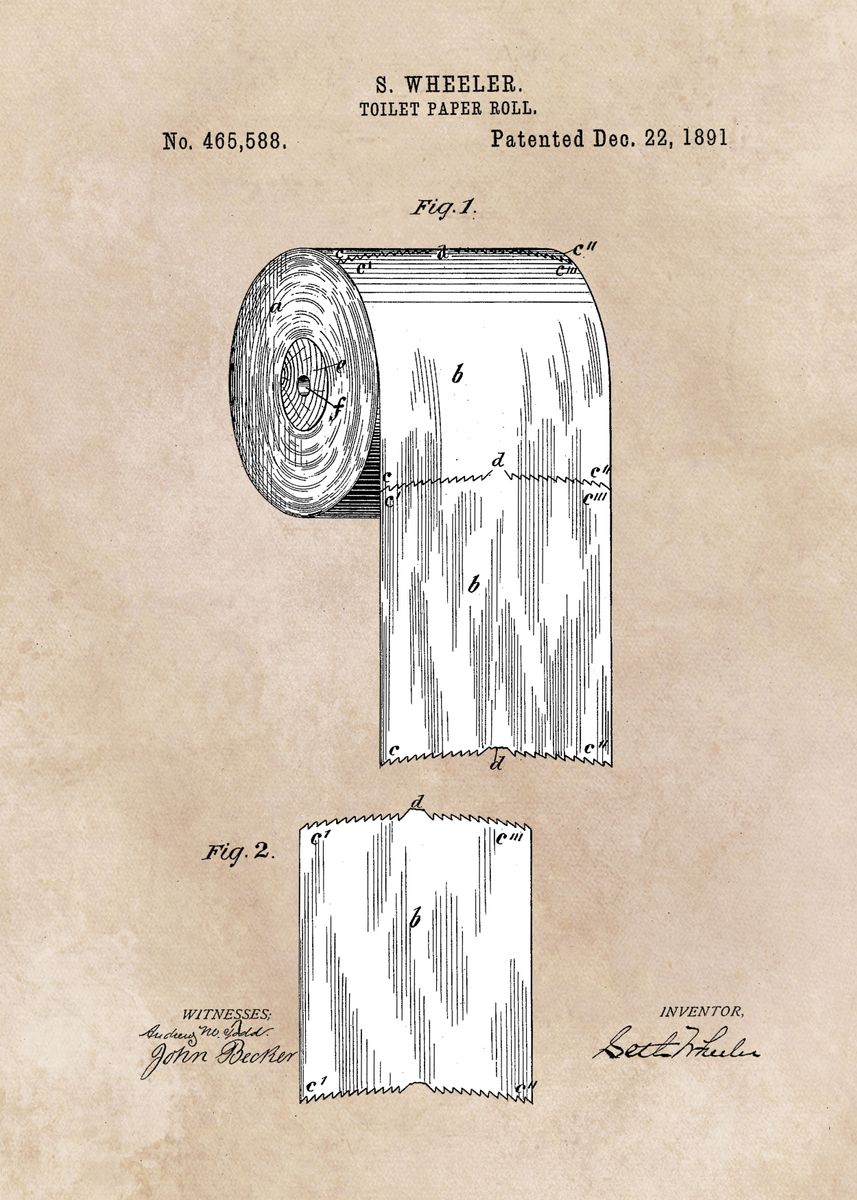 'patent art Wheeler Toilet paper roll 1891' Poster, picture, metal ...