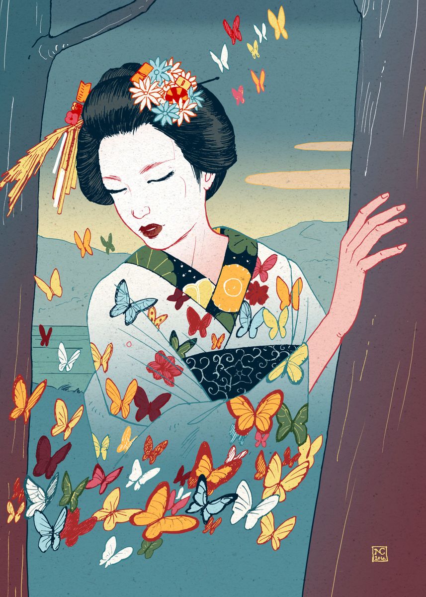 Geisha leaning her hand against tree