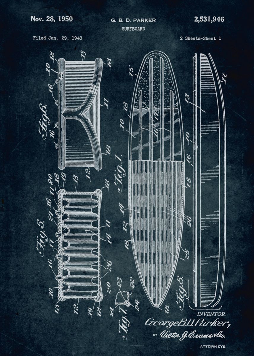 'No171 1948 Surfboard Inventor G. B. D. Parker' Poster by Xavier