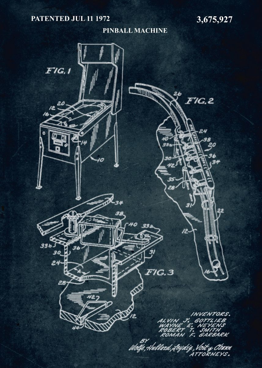 'No200 1972 Pinball machine Inventors A. J. Gottli ' Poster, picture, metal print