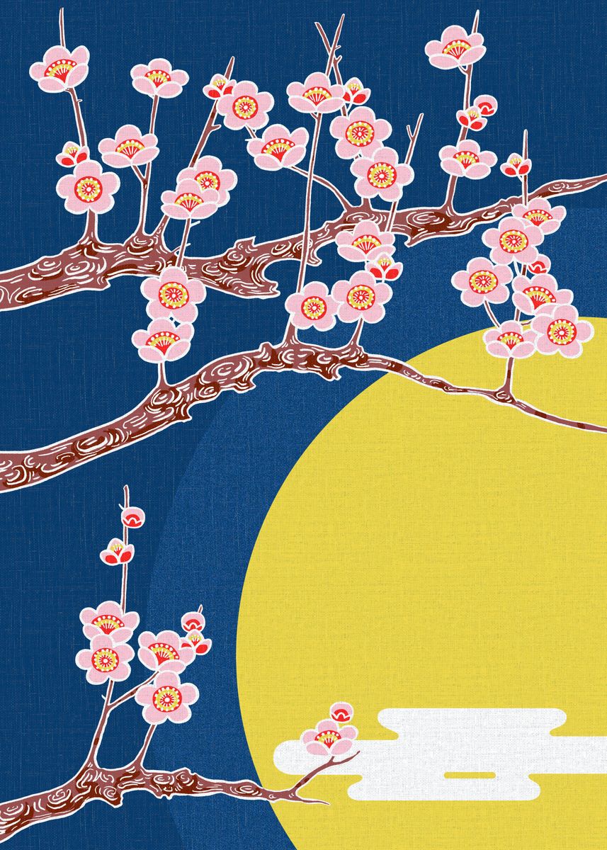 Flowering branches of cherry blossom against blue and yellow background