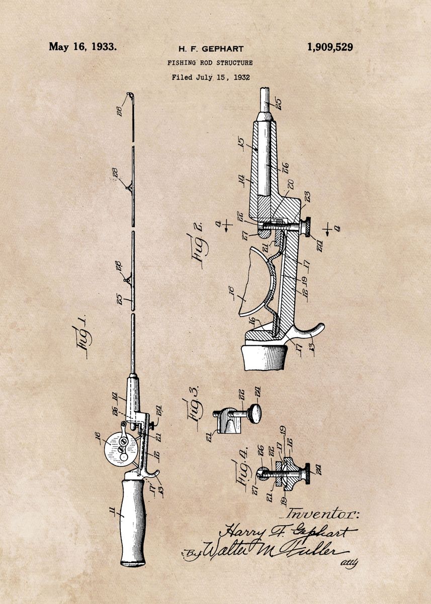 patent art Gephart Fishing Rod Structure 1933' Poster, picture, metal print,  paint by JBJart Justyna Jaszke