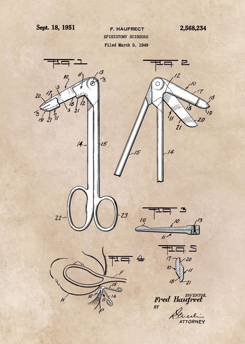 'patent art Haufrect 1949 Episiotomy scissors' Poster, picture, metal