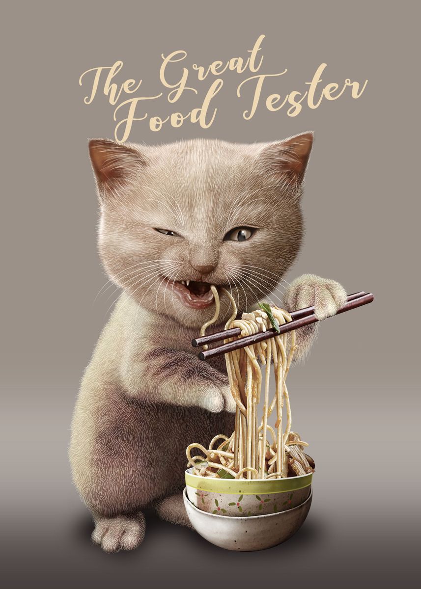 'CAT EAT NOODLE' Poster, picture, metal print, paint by Adam Lawless