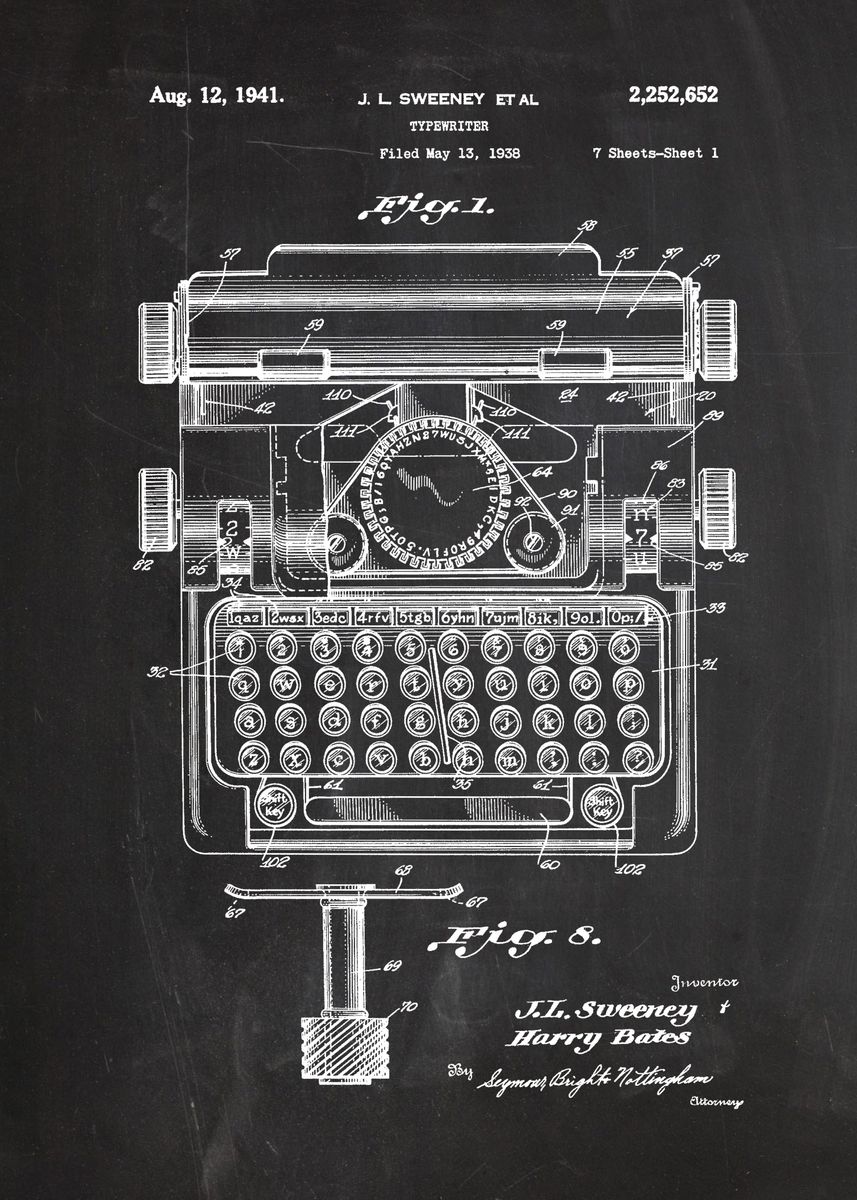 '1939 - Typewriter - Patent Drawing' Poster, picture, metal print ...