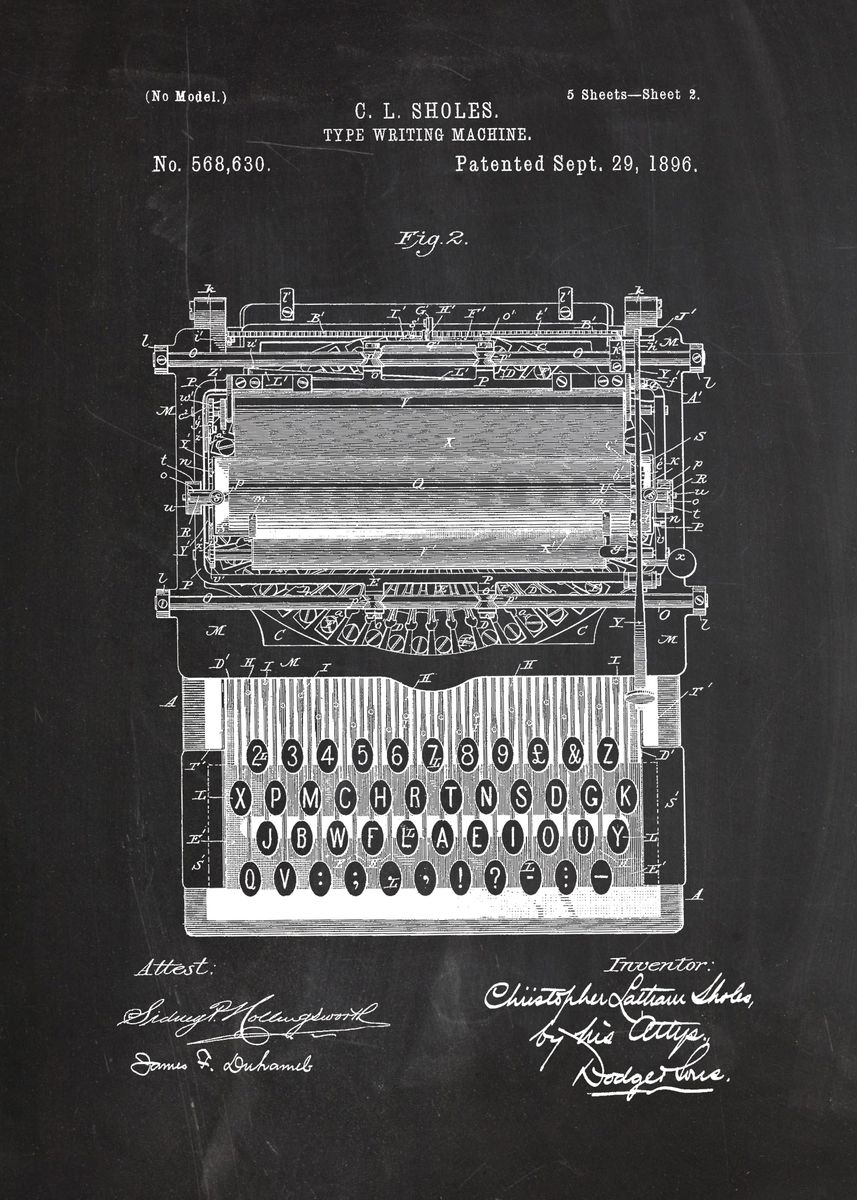 '1896 Type Writing Machine - Patent Drawing' Poster by Nicram K | Displate