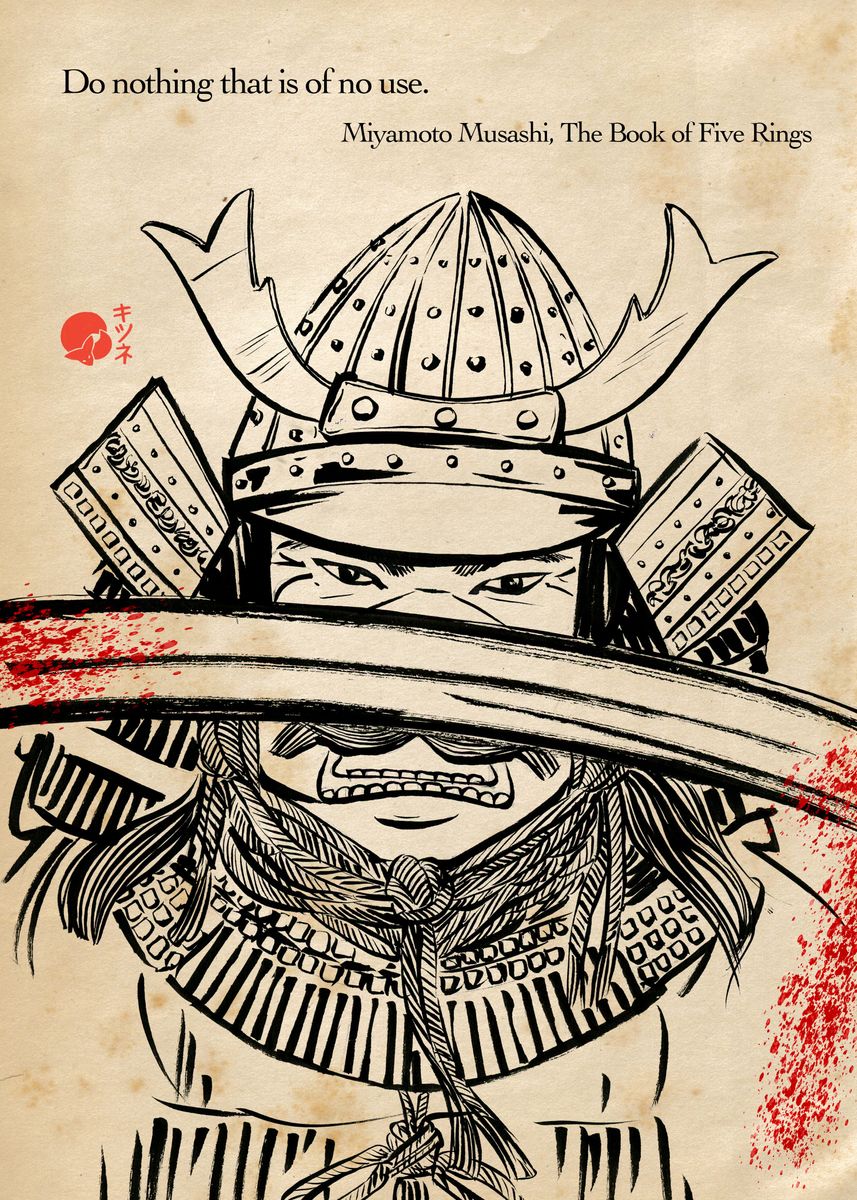 Head of Samurai warrior wearing traditional helmet with blood dripping sword in front of it