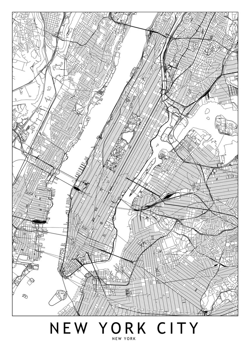 'New York White Map' Poster, picture, metal print, paint by ...