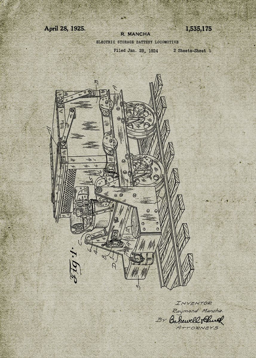 '1924 Electric Storage Battery Locomotive -Patent' Poster, picture ...