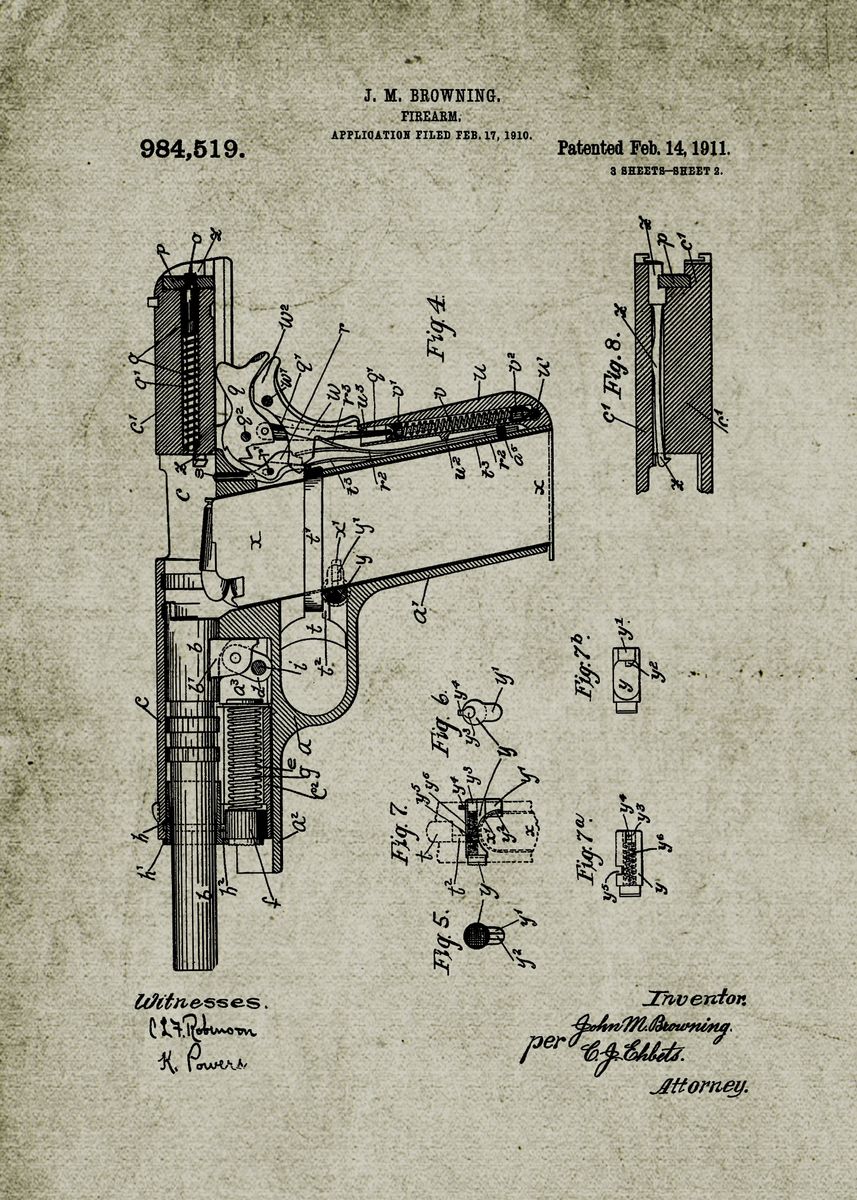 '1911 Firearm - Patent' Poster, picture, metal print, paint by Nicram K | Displate