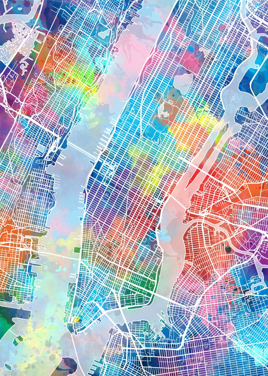 'new york city map color' Poster, picture, metal print, paint by Bekim ...