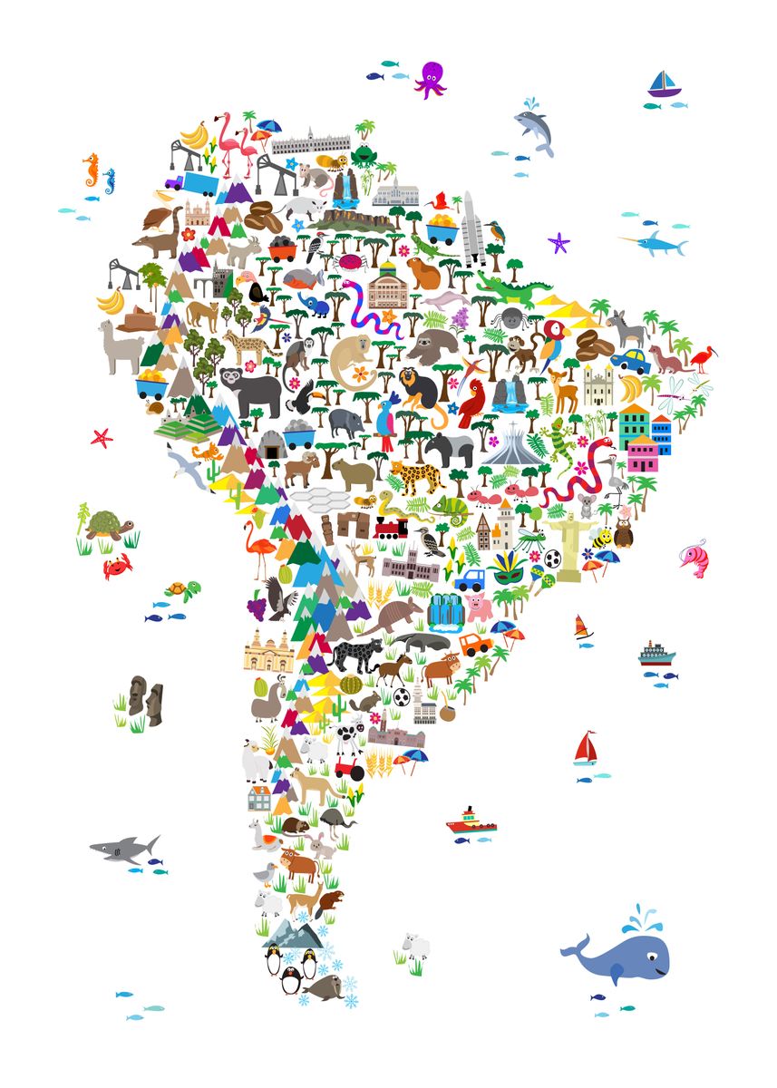 'Animal Map South America' Poster, picture, metal print, paint by ...