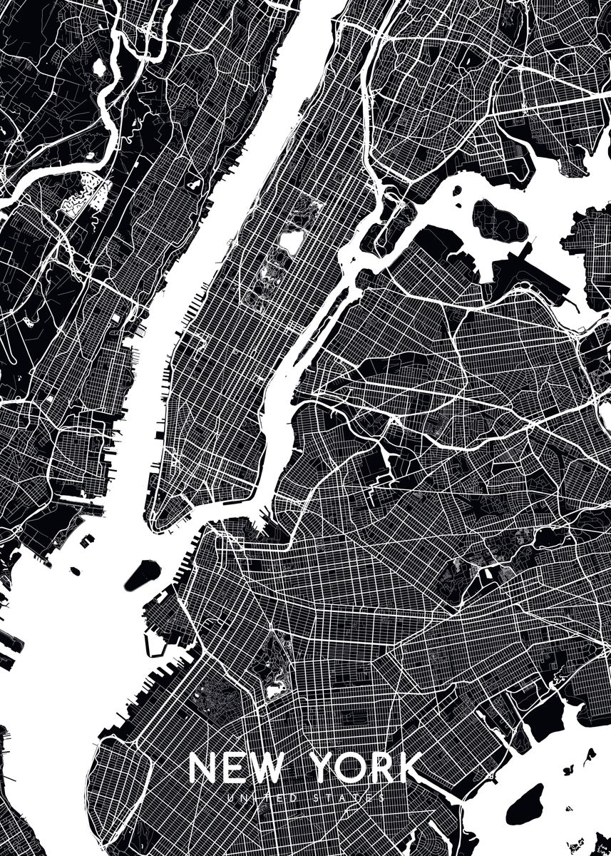 'New York closeup map black' Poster, picture, metal print, paint by ...