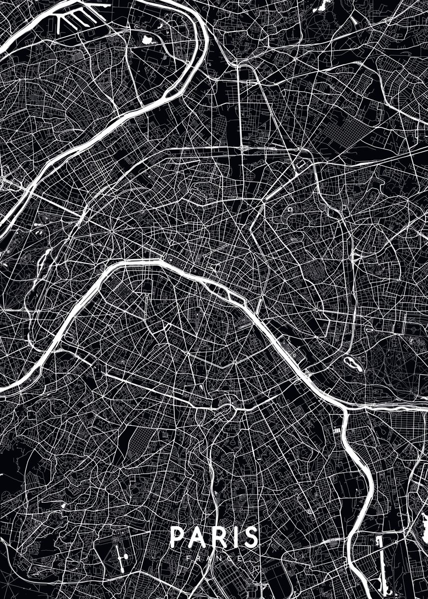 'Paris map black' Poster, picture, metal print, paint by mapsies | Displate