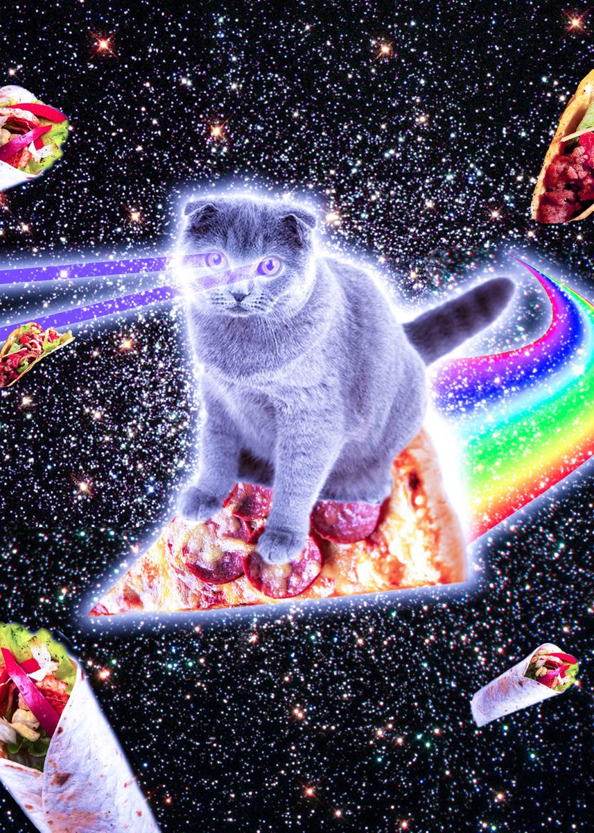 'Cat Riding Rainbow Pizza' Poster, picture, metal print, paint by ...