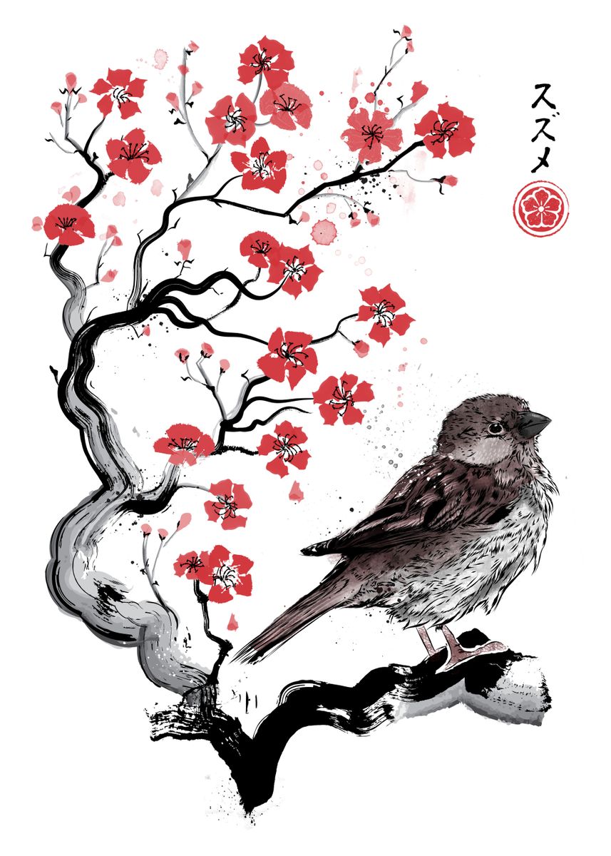 'Little Sparrow sumie' Poster, picture, metal print, paint by Antonio ...