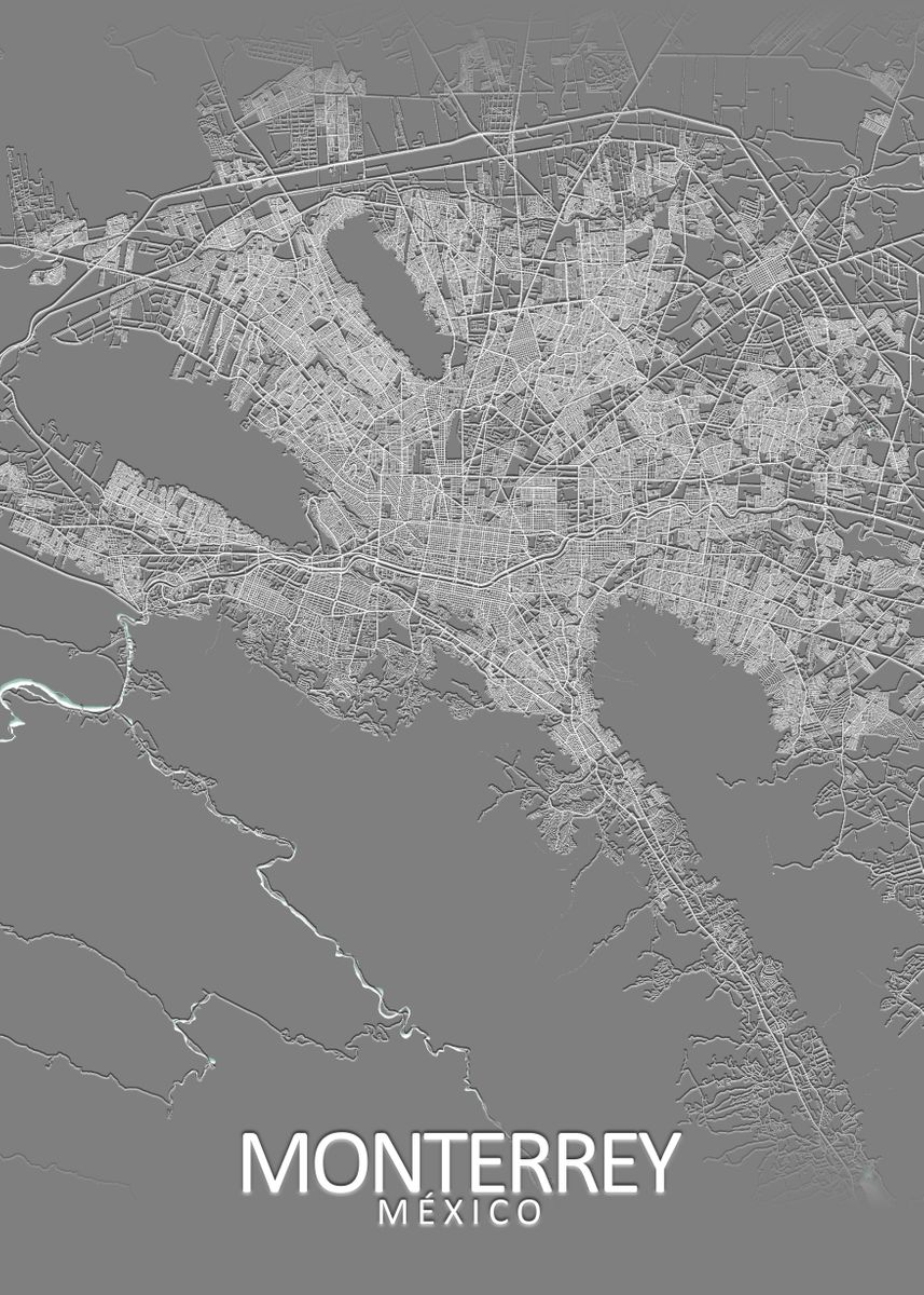 'Monterrey Grey city Map' Poster, picture, metal print, paint by City ...