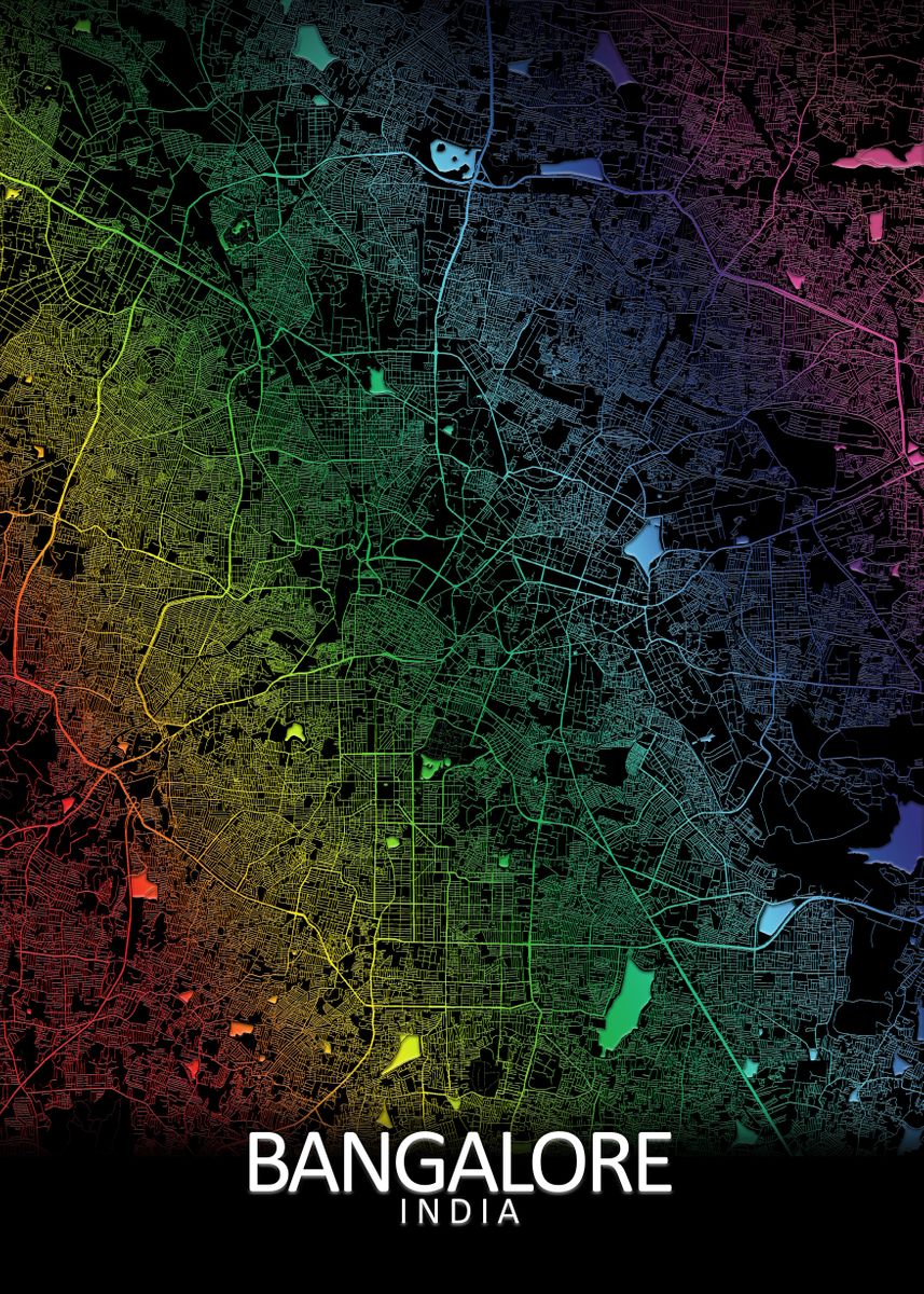 'Bangalore Rainbow City Map' Poster by City Map Art Prints Displate
