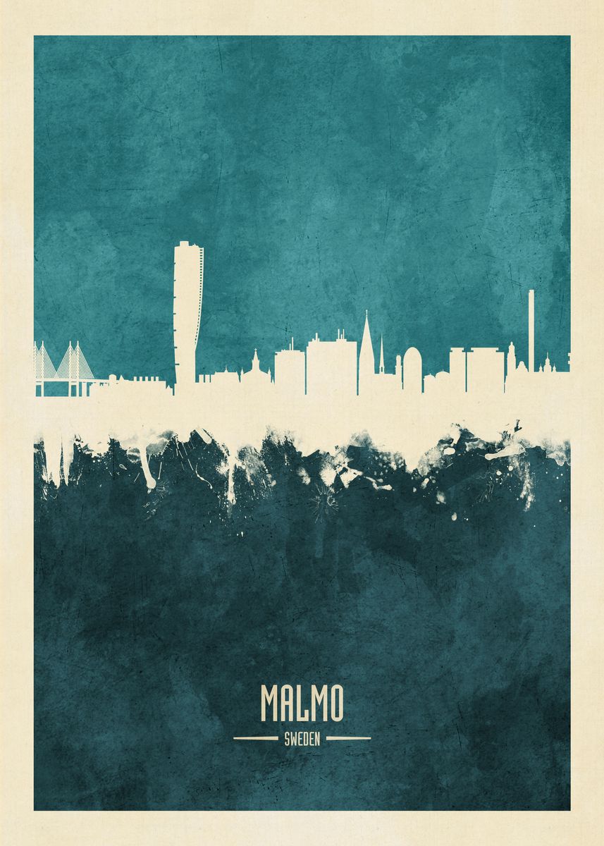 'Malmo Sweden Skyline' Poster, picture, metal print, paint by Michael ...