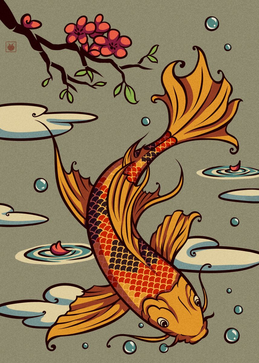 Golden koi fish in water reflecting clouds and branch of cherry tree