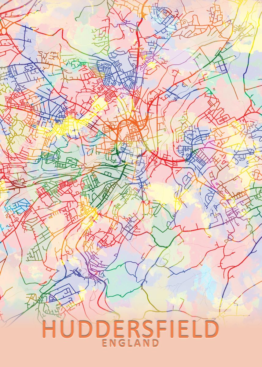 'Huddersfield Splash Map' Poster, picture, metal print, paint by City