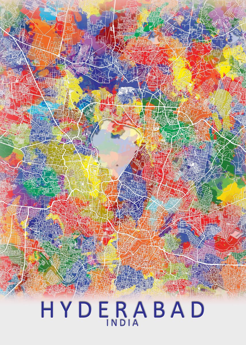 'Hyderabad Splash City Map' Poster by City Map Art Prints Displate
