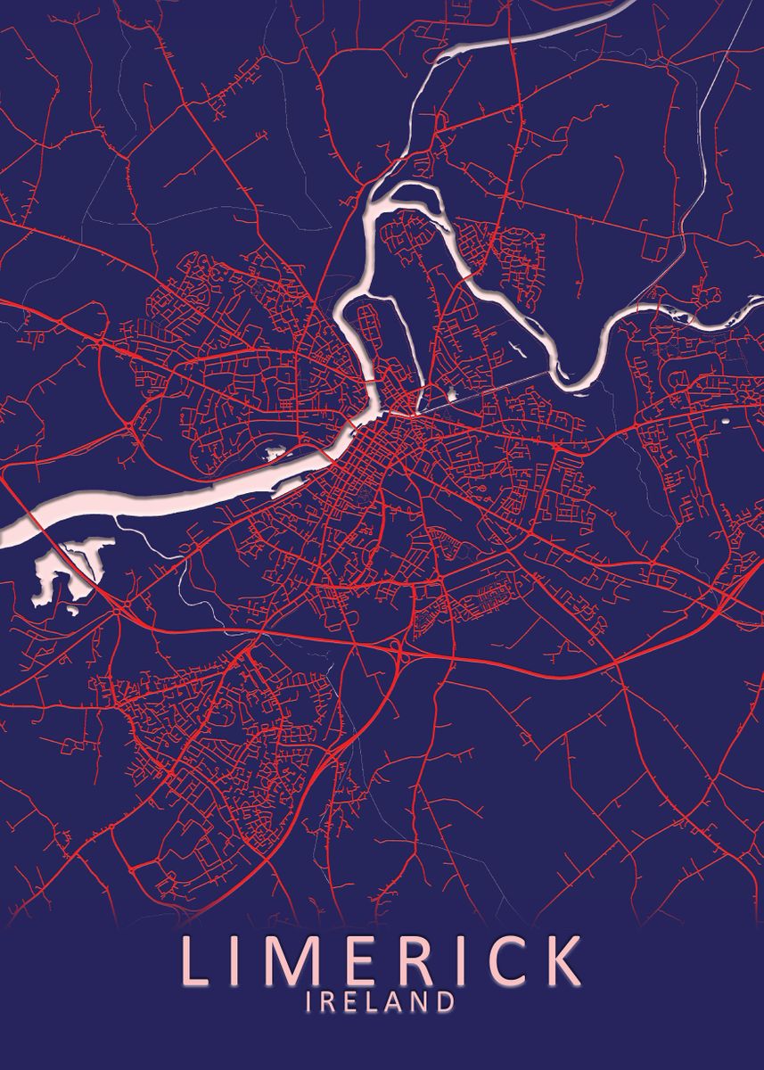 'Limerick Blue City Map ' Poster, picture, metal print, paint by City ...