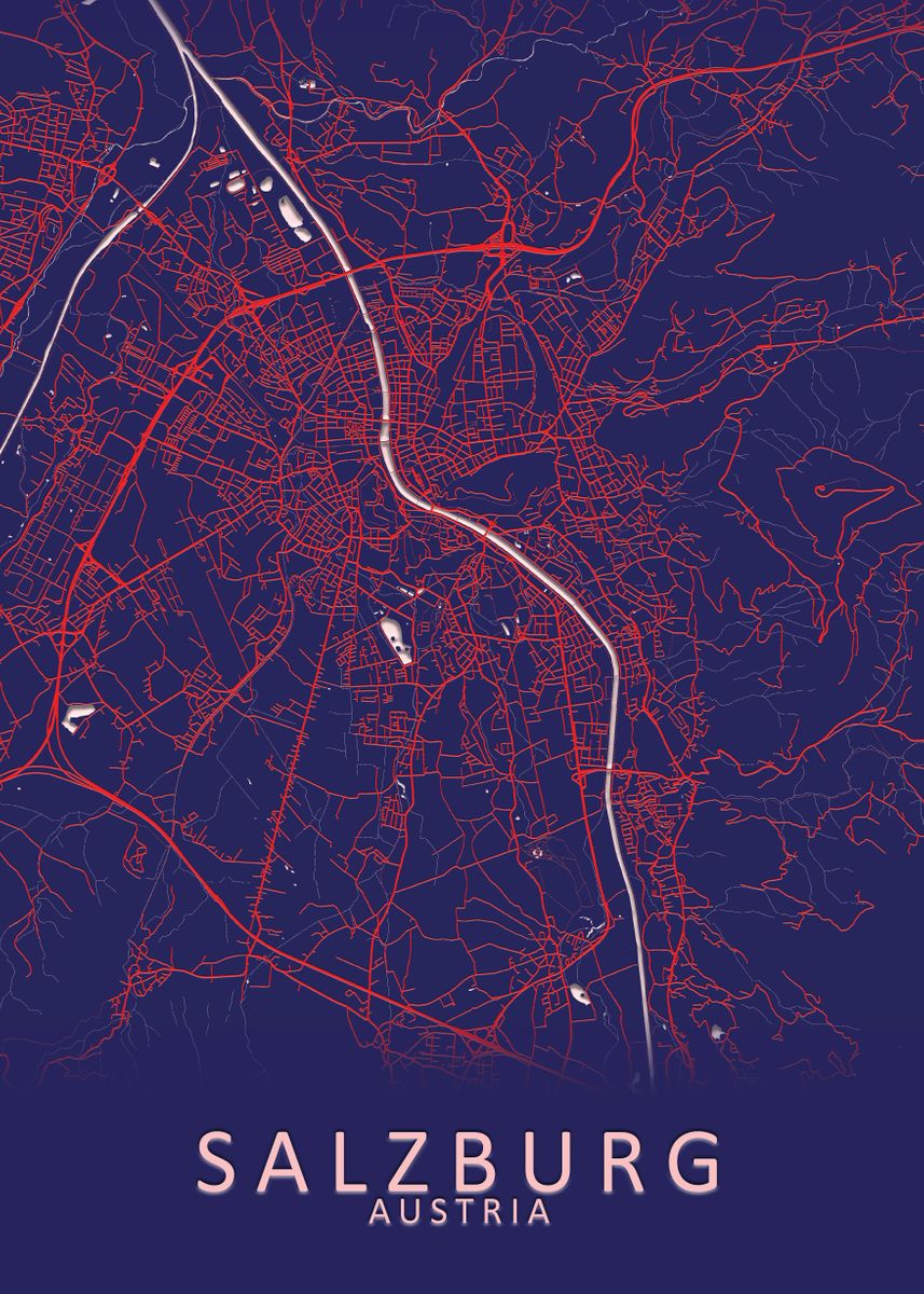 'Salzburg Austria City Map' Poster, picture, metal print, paint by City Map Art Prints | Displate