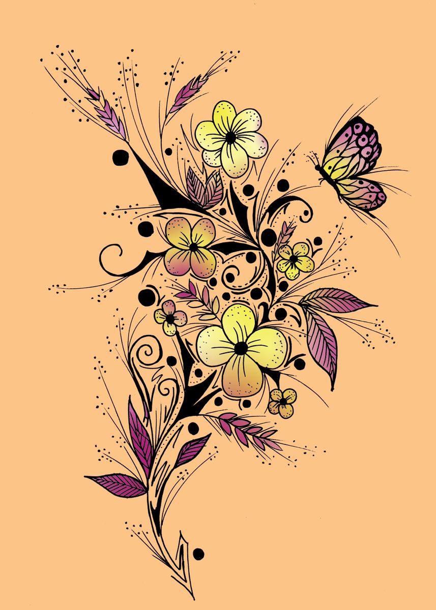 'Flower Tattoo Apricot' Poster, picture, metal print, paint by