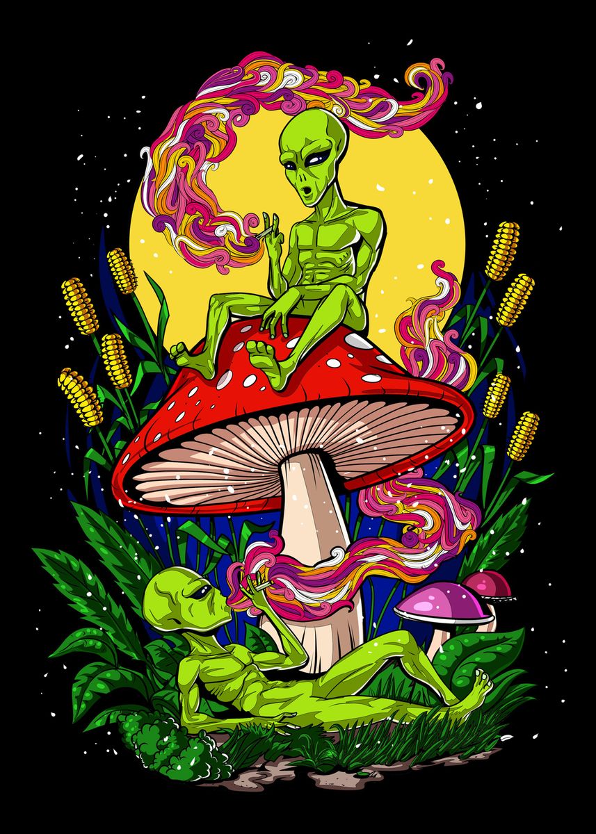 Magic Mushroom Aliens  Poster, picture, metal print, paint by  Psychonautica | Displate