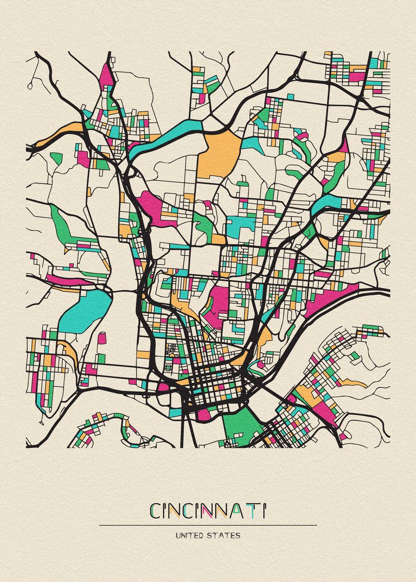 'Cincinnati Map' Poster, picture, metal print, paint by Deniz A. Displate