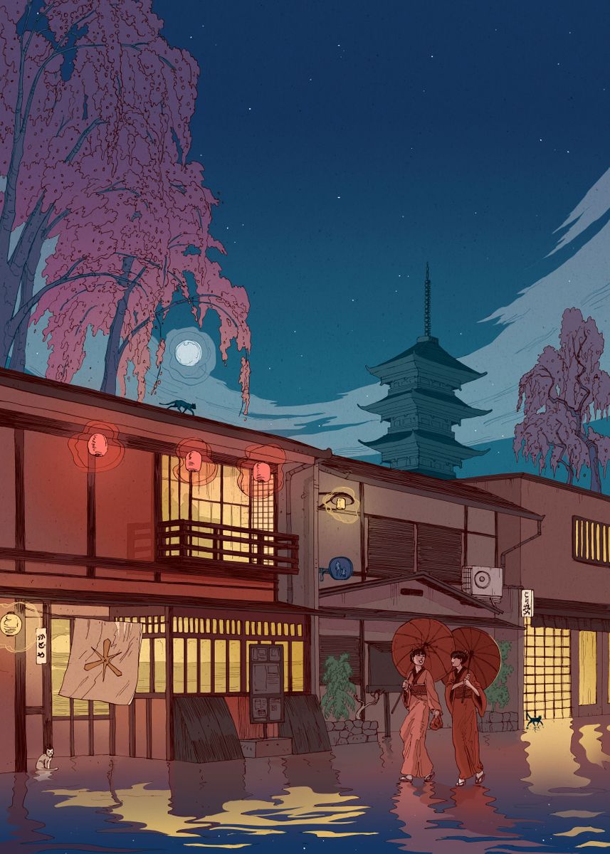 'Kyoto at night' Poster by Nicolas Castell | Displate