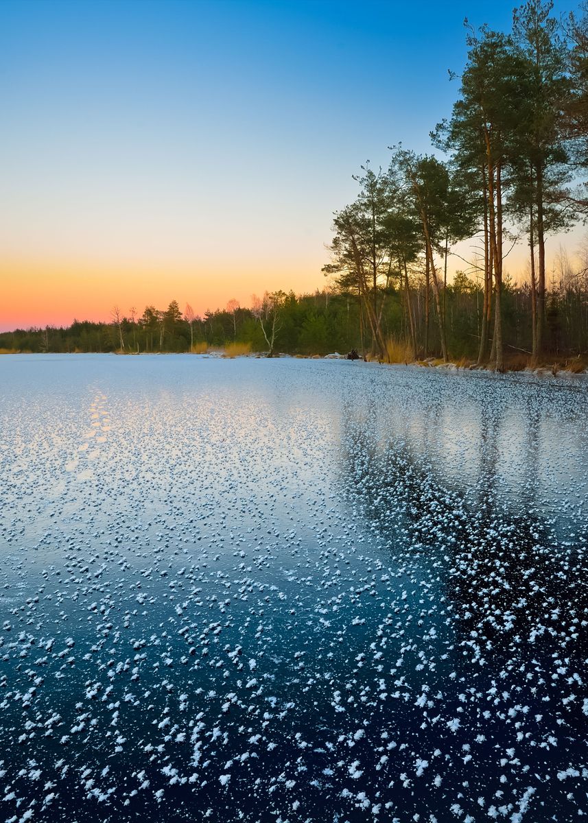 'Frozen Lake Winter Sunrise' Poster by Stunning Wallpapers | Displate
