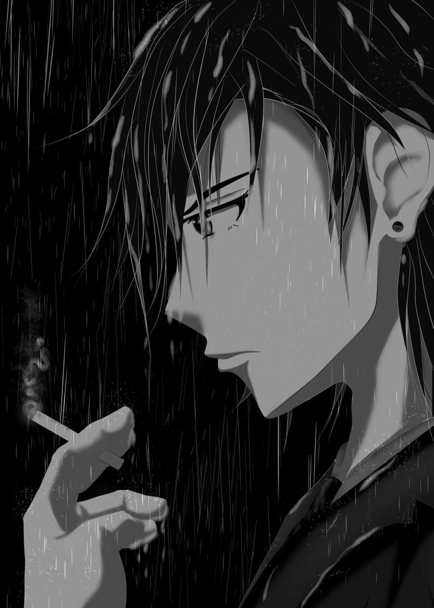 Anime eboy smoking in the rain