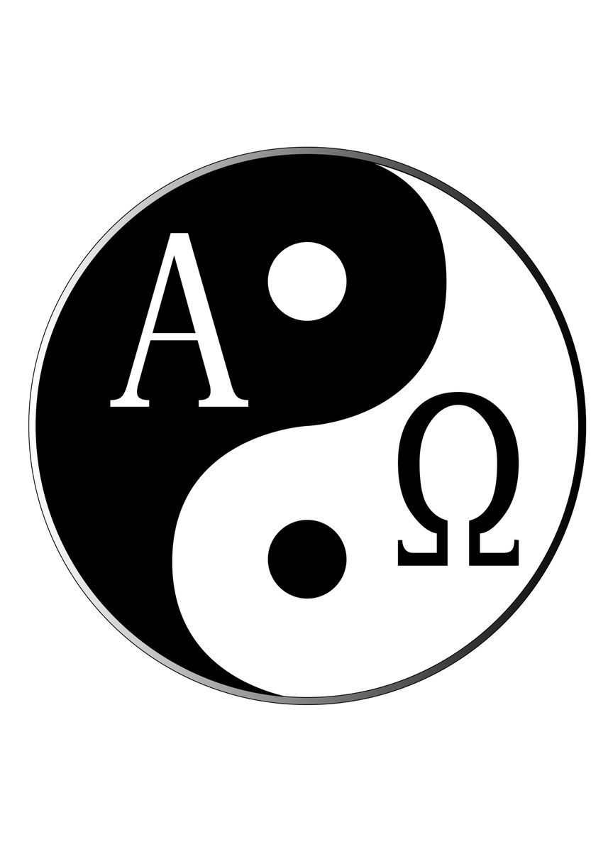 Yin and Yang and Alpha <b>Omega</b> combined over white.