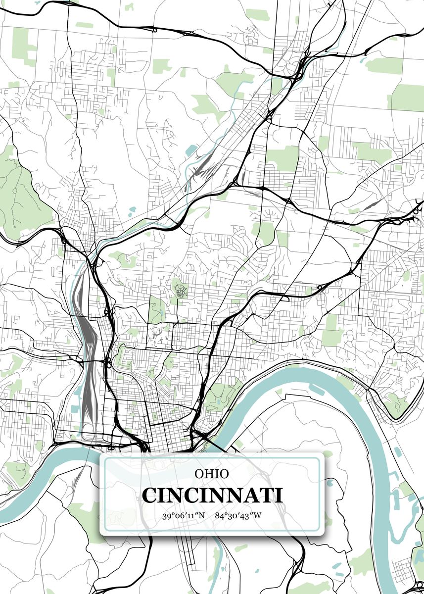 'Cincinnati Ohio City Map' Poster, picture, metal print, paint by Dany ...