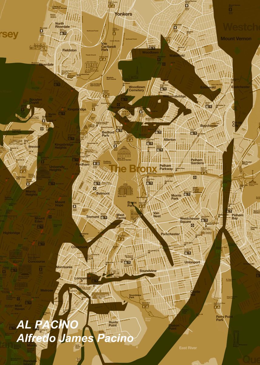 'Al Pacino The Bronx Map NY' Poster, picture, metal print, paint by